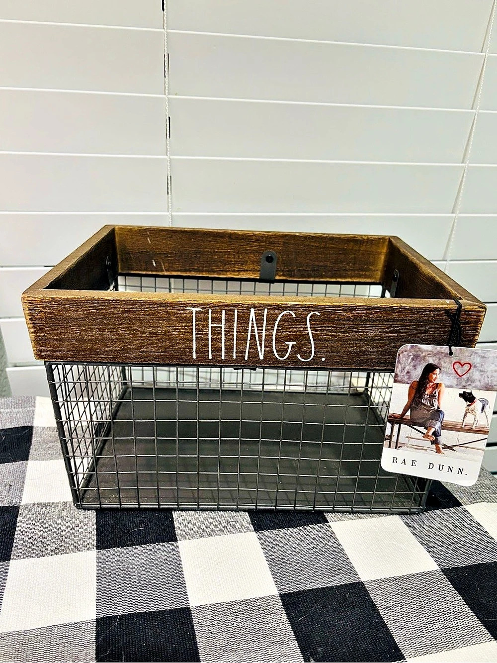 New Rae Dunn Distressed Farmhouse Things Wood and Wire Storage Basket Brown & Bl